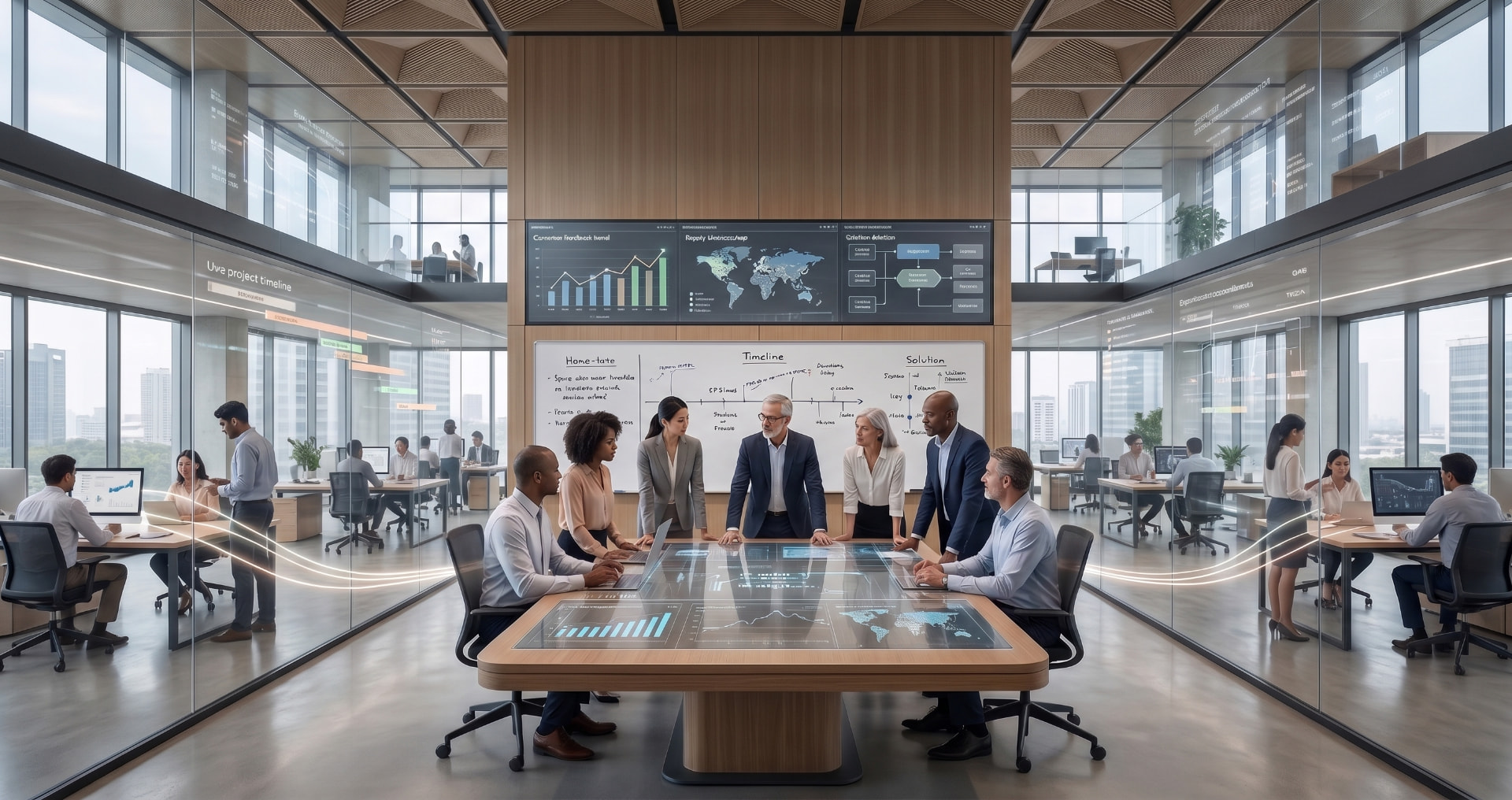 Equipe multidisciplinar analisando informações em um ambiente corporativo