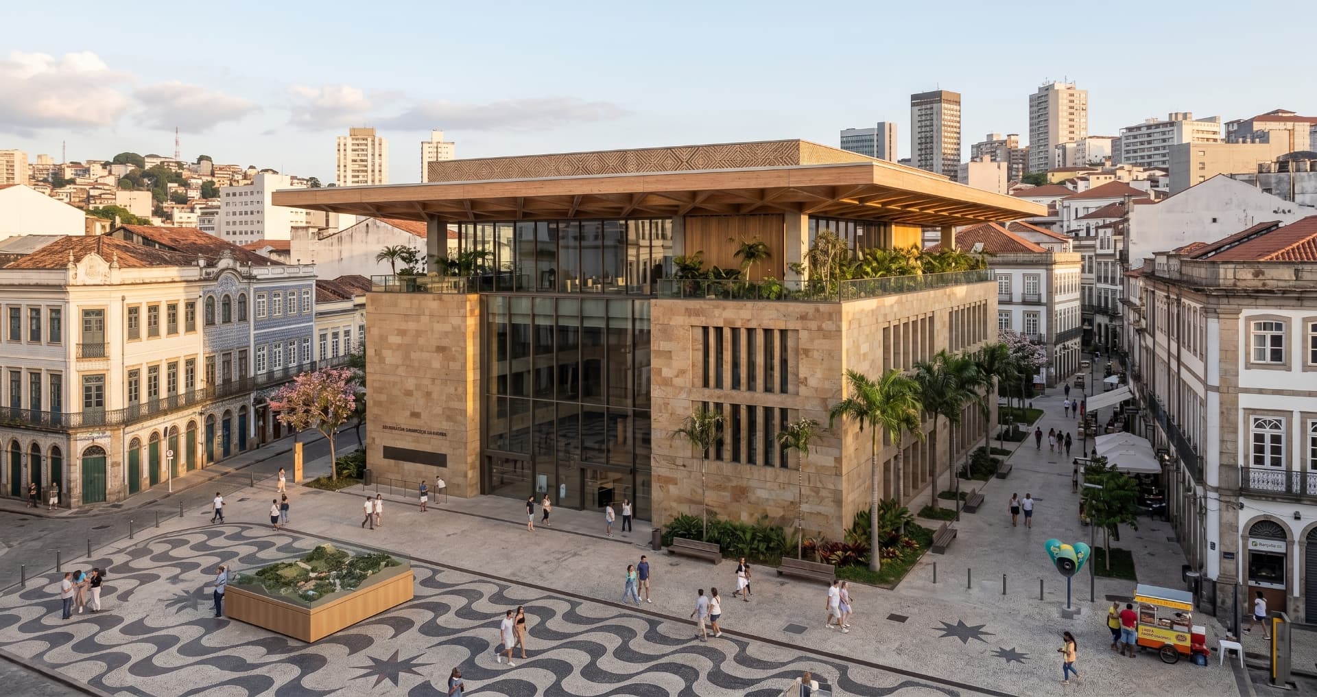 Praça urbana integrada à arquitetura e à vida cotidiana