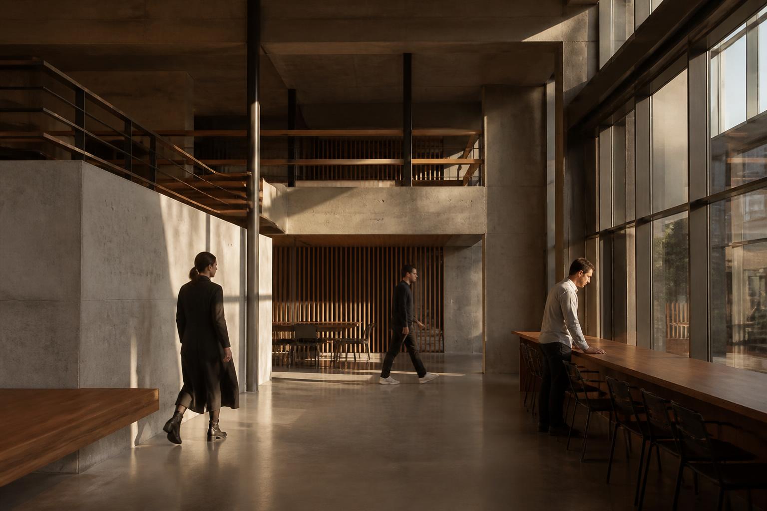 Profissionais em um espaço de arquitetura contemporânea